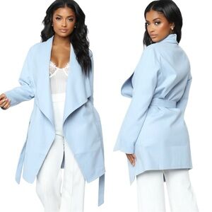 NWT - Fashion Nova Light Blue Belted Shawl Collar Wrap Coat - XS